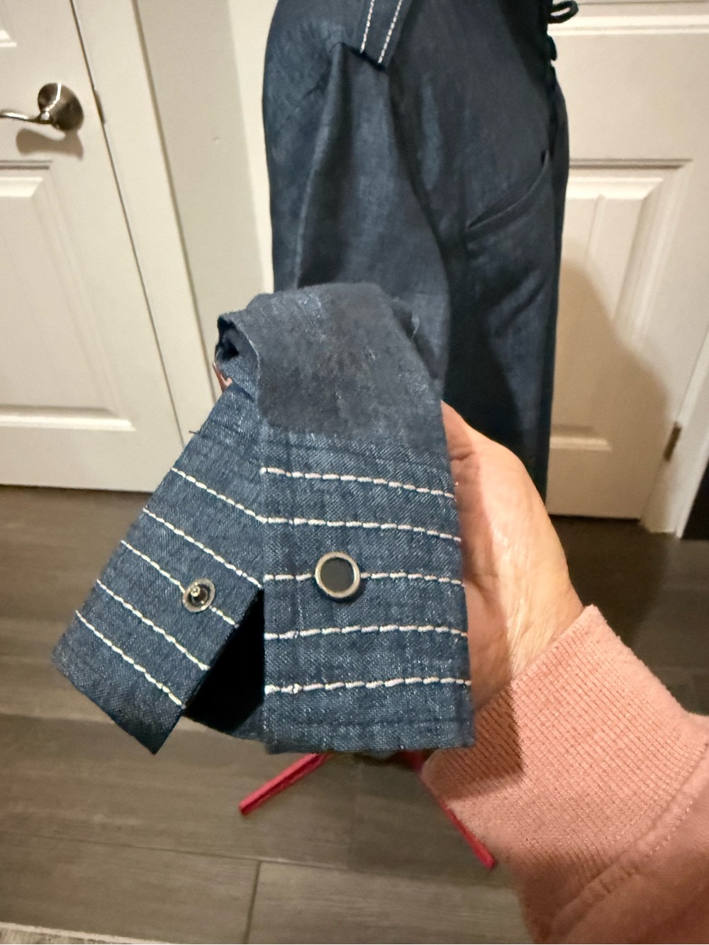 Women's Navy Denim Style Shirt Dress side slits adjustable sleeves Sz Large - Picture 3 of 16
